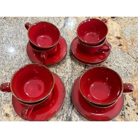 Vtg Modigliani Rosso Deruta Italian Pottery Red Cups & Saucers Set of 8 Italy - Picture 1 of 16